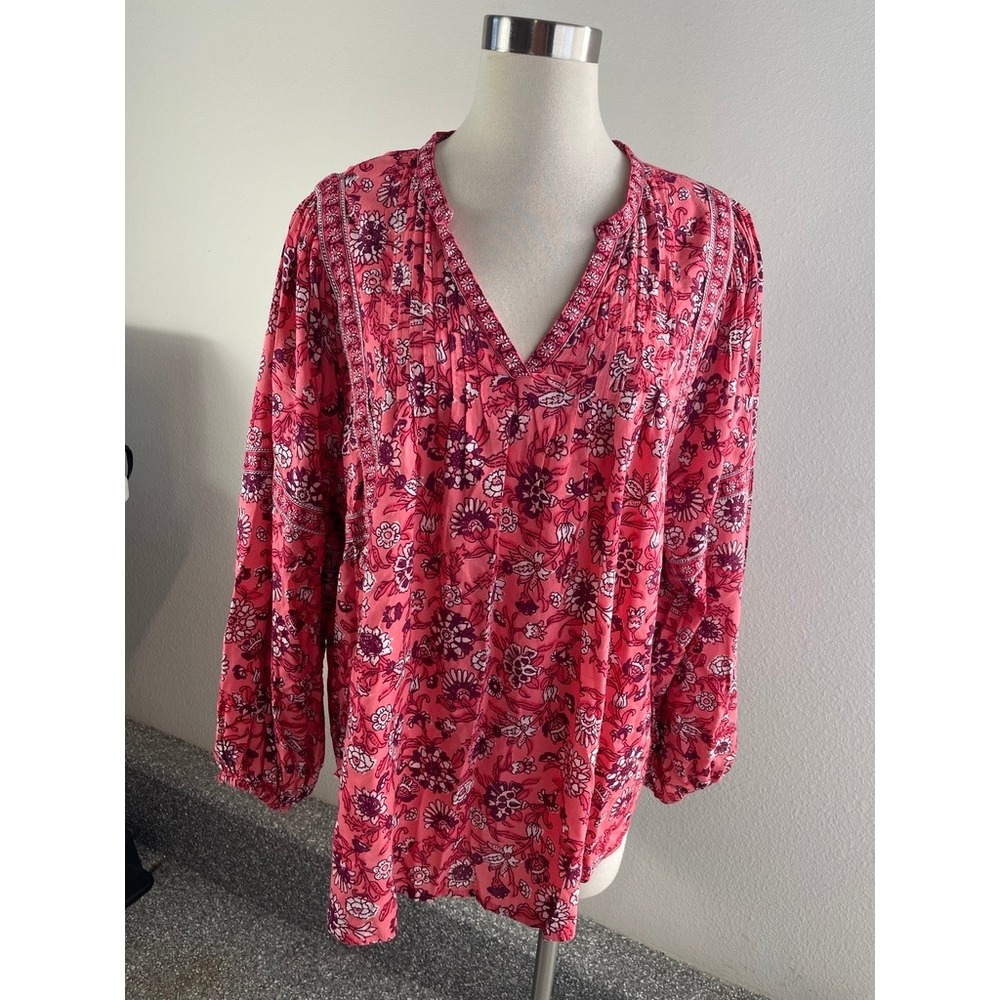 Old Navy‎ Womens XL Pink Floral Peasant Blouse Long Balloon Sleeve V Neck Top